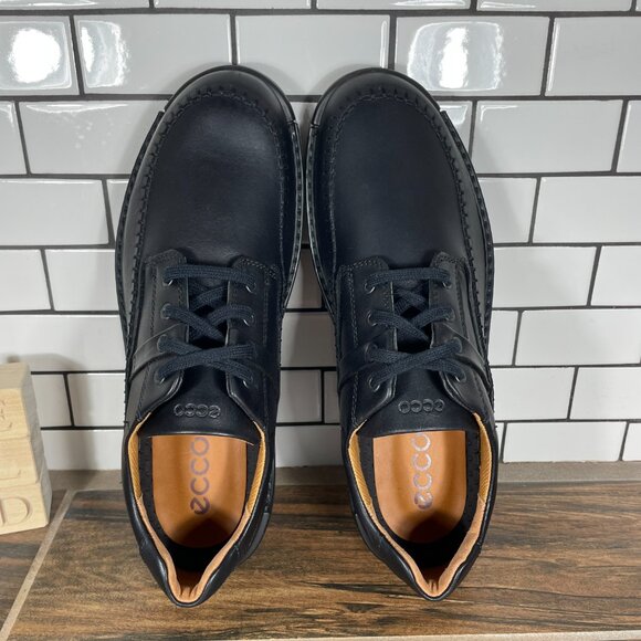 Ecco Fusion Mens Size 13 Shoes Black Leather Moc Toe Classic Derby